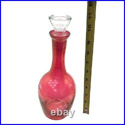 Vintage Cranberry Glass Decanter Set 4 Wine Glasses Stopper Bohemian Etched 11