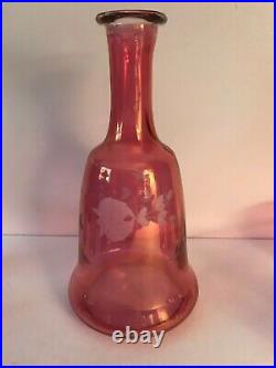 Vintage Cranberry Glass Floral Etched Decanter and 6 Cordial Shot Glasses