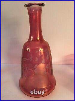 Vintage Cranberry Glass Floral Etched Decanter and 6 Cordial Shot Glasses