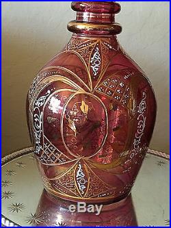 Vintage Cranberry Hand Blown Glass Decanter, Etched, Hand Painted Gold, 24H