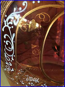 Vintage Cranberry Hand Blown Glass Decanter, Etched, Hand Painted Gold, 24H