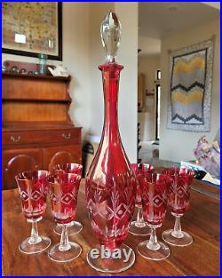 Vintage Cranberry Red Lustre Etched Glass 18 Decanter and 6 6 tall Glasses