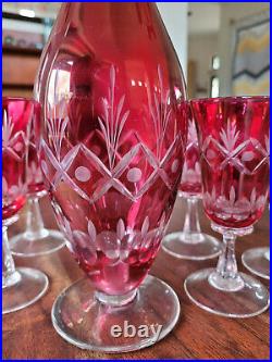 Vintage Cranberry Red Lustre Etched Glass 18 Decanter and 6 6 tall Glasses