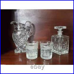 Vintage Crystal Bar Set, Decanter Water Pitcher & 2 Double Whiskey Tumblers