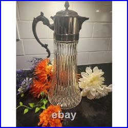 Vintage Crystal Claret Jug Heavy Pressed Glass Silverplate Decanter Victorian