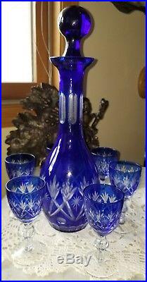 Vintage Crystal Cobalt Blue Cut To Clear Czech Bohemian Set Decanter and Six Cup
