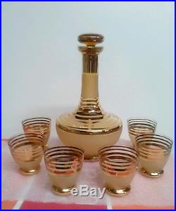 Vintage Crystal Czech Bohemian Amber Color, Gold Gilt Decanter 6 Glasses