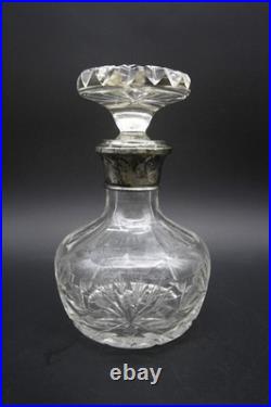 Vintage Crystal Decanter With Hallmarked Sterling Silver Rim Hand Cut 9 h