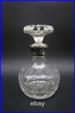 Vintage Crystal Decanter With Hallmarked Sterling Silver Rim Hand Cut 9 h