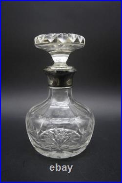 Vintage Crystal Decanter With Hallmarked Sterling Silver Rim Hand Cut 9 h