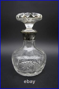 Vintage Crystal Decanter With Hallmarked Sterling Silver Rim Hand Cut 9 h