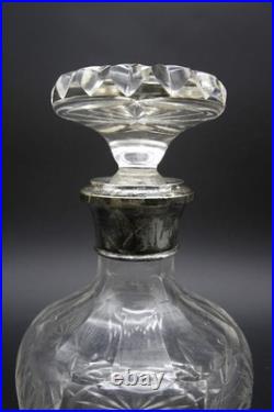 Vintage Crystal Decanter With Hallmarked Sterling Silver Rim Hand Cut 9 h