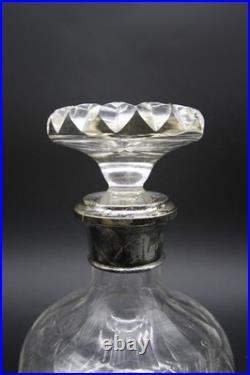 Vintage Crystal Decanter With Hallmarked Sterling Silver Rim Hand Cut 9 h