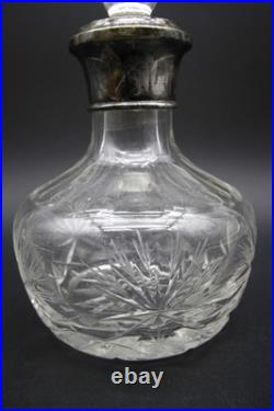 Vintage Crystal Decanter With Hallmarked Sterling Silver Rim Hand Cut 9 h