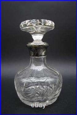 Vintage Crystal Decanter With Hallmarked Sterling Silver Rim Hand Cut 9 h