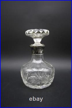 Vintage Crystal Decanter With Hallmarked Sterling Silver Rim Hand Cut 9 h