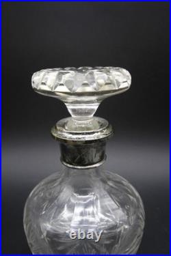 Vintage Crystal Decanter With Hallmarked Sterling Silver Rim Hand Cut 9 h