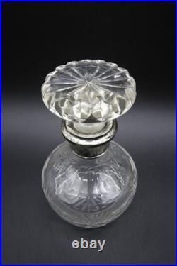 Vintage Crystal Decanter With Hallmarked Sterling Silver Rim Hand Cut 9 h