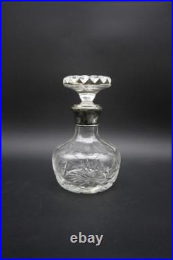 Vintage Crystal Decanter With Hallmarked Sterling Silver Rim Hand Cut 9 h