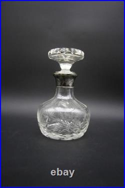 Vintage Crystal Decanter With Hallmarked Sterling Silver Rim Hand Cut 9 h