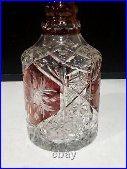 Vintage Crystal Glass Decanter Cranberry Flash Cut Flower Panels 11.5 4 POUNDS