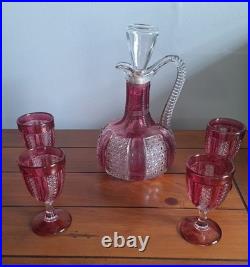 Vintage Crystal Ruby Decanter with4-Wine Goblets Highly Detailed Very Beautiful