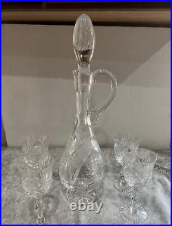Vintage Crystal Set of 4 Vine Glasses & Cordial Decanter with Stopper Largest