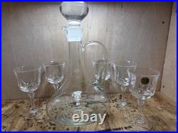 Vintage Crystal Wine 13.5 inch Decanter with 5 Glasses Etched Grapes Vine & Leaves