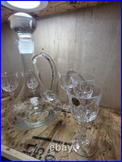 Vintage Crystal Wine 13.5 inch Decanter with 5 Glasses Etched Grapes Vine & Leaves