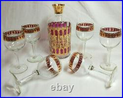 Vintage Culver Mid Century Red Cranberry Gold Decanter Set of 6 Wine Glasses