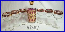 Vintage Culver Mid Century Red Cranberry Gold Decanter Set of 6 Wine Glasses