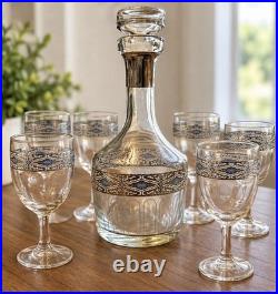 Vintage Culver Sorrento Decanter & 6 Stem Glasses Blue Silver MCM 1960s Barware