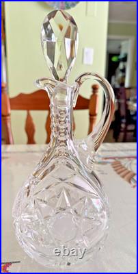 Vintage Cut Crystal Wine Decanter Ewer Stopper Handle Starburst 11 Inch