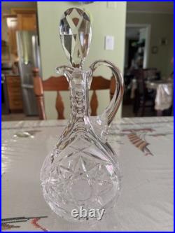 Vintage Cut Crystal Wine Decanter Ewer Stopper Handle Starburst 11 Inch