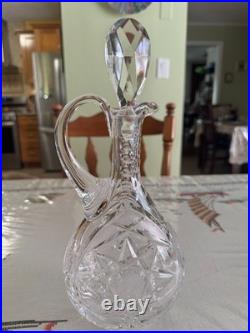 Vintage Cut Crystal Wine Decanter Ewer Stopper Handle Starburst 11 Inch