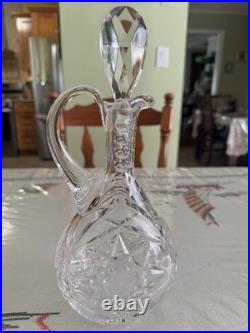 Vintage Cut Crystal Wine Decanter Ewer Stopper Handle Starburst 11 Inch