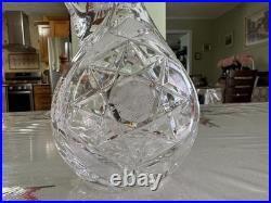 Vintage Cut Crystal Wine Decanter Ewer Stopper Handle Starburst 11 Inch