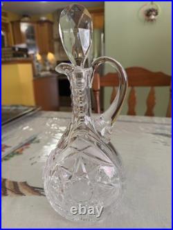 Vintage Cut Crystal Wine Decanter Ewer Stopper Handle Starburst 11 Inch