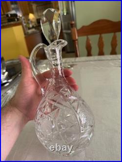 Vintage Cut Crystal Wine Decanter Ewer Stopper Handle Starburst 11 Inch
