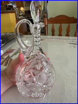 Vintage Cut Crystal Wine Decanter Ewer Stopper Handle Starburst 11 Inch
