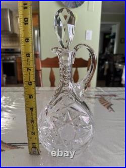 Vintage Cut Crystal Wine Decanter Ewer Stopper Handle Starburst 11 Inch