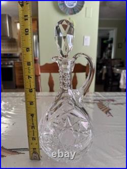 Vintage Cut Crystal Wine Decanter Ewer Stopper Handle Starburst 11 Inch