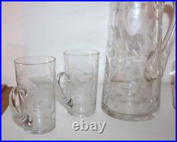 Vintage Cut & Etched Clear Crystal Decanter With 4 Glasses Tea Coffee Mugs