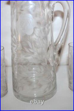 Vintage Cut & Etched Clear Crystal Decanter With 4 Glasses Tea Coffee Mugs