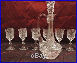 Vintage Cut Glass Crystal Decanter with Hobstar Fan and 6 Cordial Glasses