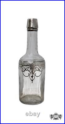 Vintage Cut Glass Decanter Art Nouveau Etched Frosted Sterling Silver Overlay