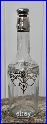 Vintage Cut Glass Decanter Art Nouveau Etched Frosted Sterling Silver Overlay