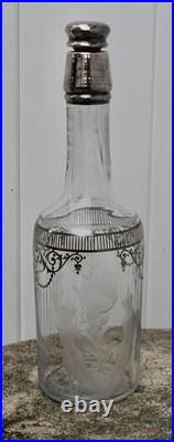Vintage Cut Glass Decanter Art Nouveau Etched Frosted Sterling Silver Overlay