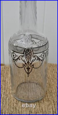 Vintage Cut Glass Decanter Art Nouveau Etched Frosted Sterling Silver Overlay