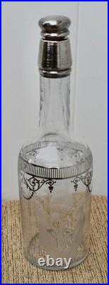 Vintage Cut Glass Decanter Art Nouveau Etched Frosted Sterling Silver Overlay